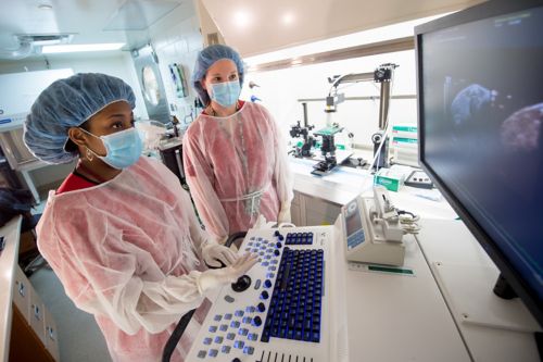 Two women in PPE looking at screen