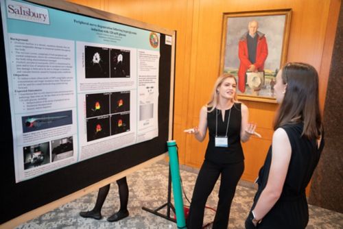 two women standing in front of a large research poster