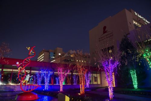 St. Jude campus with holiday lights