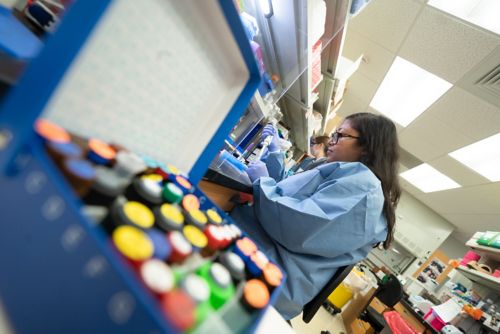 A scientist sits at the bench with multiple colored vials next to her.