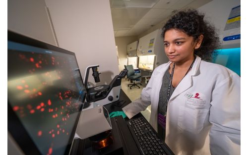 A female scientist stands in front of a computer monitor observing a microscopy image.