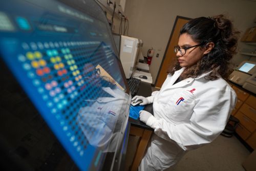 A scientist stands at a computer screen 