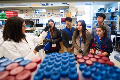 Photo of a group of young people listening to an adult in a lab