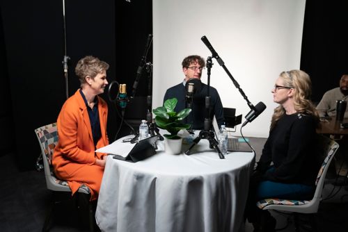 Paula Elsener, left, Jason Winkle, and Erica Sirrine recording a podcast