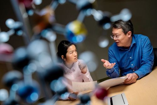 A woman and man discussing some papers