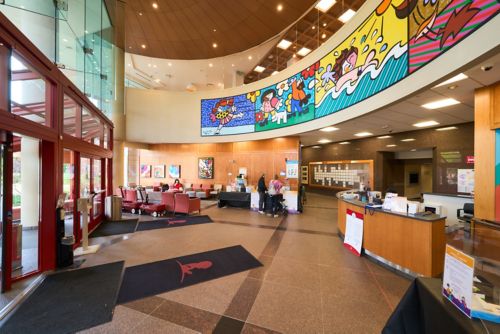 A decorate lobby of a hospital