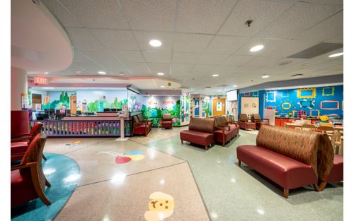 image of waiting room with colorful walls and couches