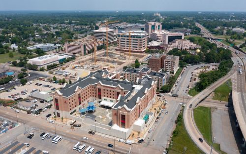 Aerial view of St. Jude campus undergoing construction