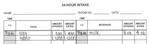 Record the time, the type of food and beverage, the amount offered, and the amount eaten or drank every time your child eats or drinks. 