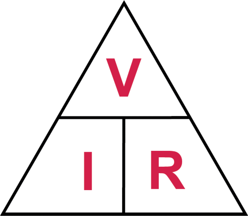 Triangle divided into 3 parts with the letters V, I and R. 