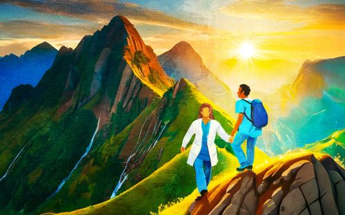 Illustration of medical professionals helping each other up a mountain
