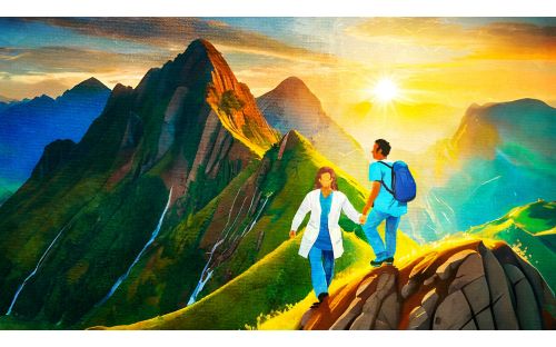 Illustration of medical professionals helping each other up a mountain