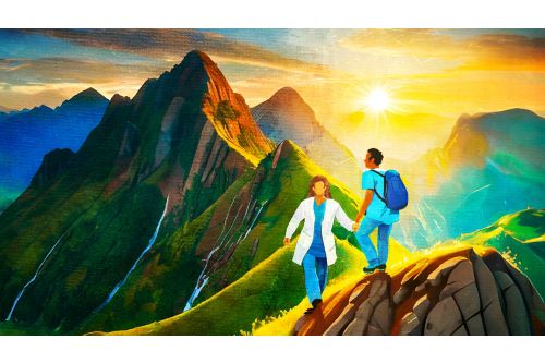 Illustration of medical professionals helping each other up a mountain