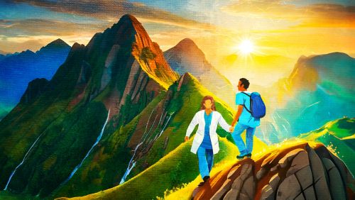 Illustration of doctors climbing mountains