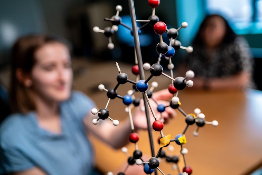 image of genetic model with person in scrubs blurred in background
