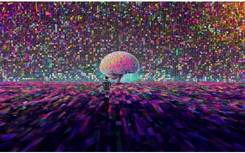 A colorful brain in front of a mosaic background