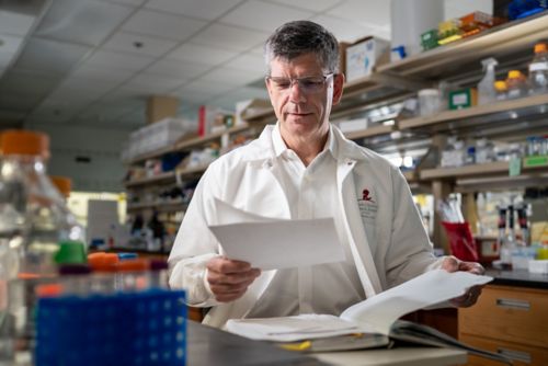 Dr. Charles Roberts looking at documents in research setting