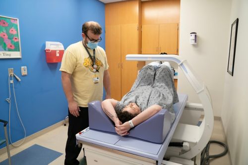 A patient receiving a bone density test