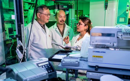 3 (two men and a woman) people in a lab, surrounded by equipment