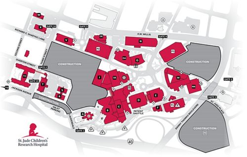 map showing entrance to St. Jude Campus
