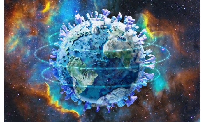 Planet Earth in front of a galaxy background with circles surrounding the planet