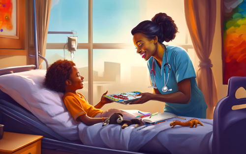 Artistic rendering of a palliative care specialist interacting with a patient to improve their quality of life. AI-assisted illustration created by Leena Xaypanya.  