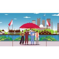 illustration of people standing under an umbrella in front of a backdrop of  varying buildings.