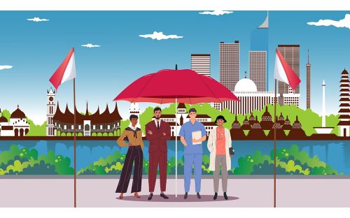 illustration of people standing under an umbrella in front of a backdrop of  varying buildings.