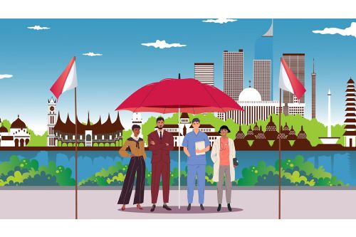 illustration of people standing under an umbrella in front of a backdrop of  varying buildings.