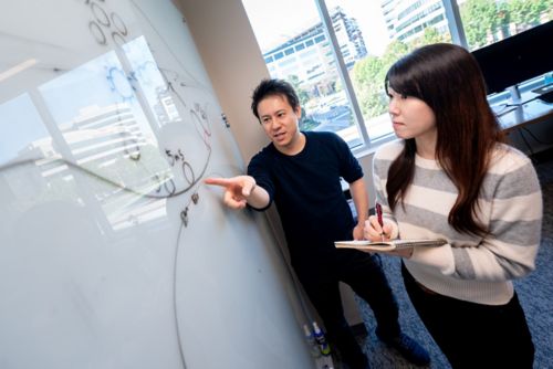 Man and woman working at whiteboard