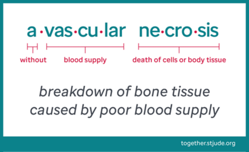 A graphic explaining the term avascular necrosis. "A" means without, "vascular" means blood supply, and "necrosis" means death of cells or body tissue. Avascular necrosis / Osteonecrosis means the breakdown of bone tissue caused by poor blood supply.