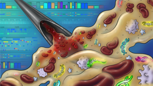 An artistic illustration showing circulating tumor DNA collection for sequencing in the background.