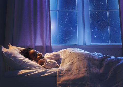 illlustration of a child sleeping in a bed at night