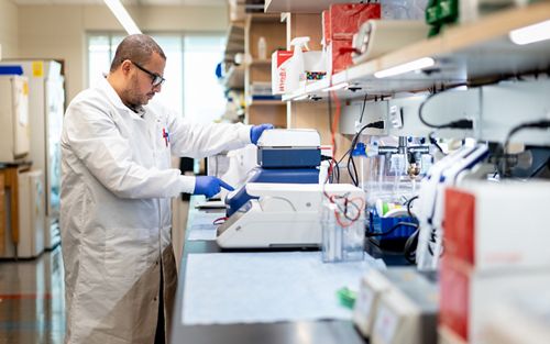 Person clad in white coat working in the lab