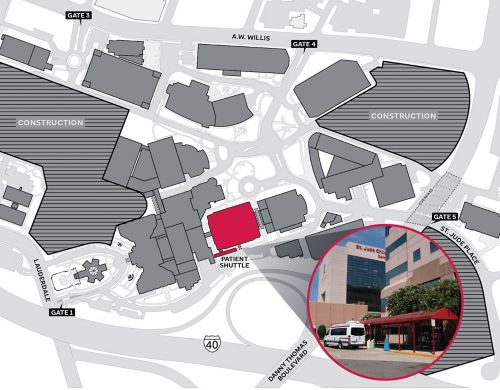 campus map highlighting location of patient shuttle