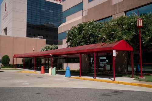 Red awning in front of Danny Thomas Research Center