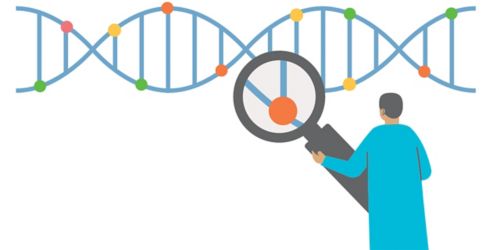 illustration of person examining DNA helix