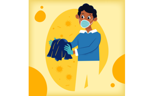 Illustration of someone doing laundry while wearing a face mask