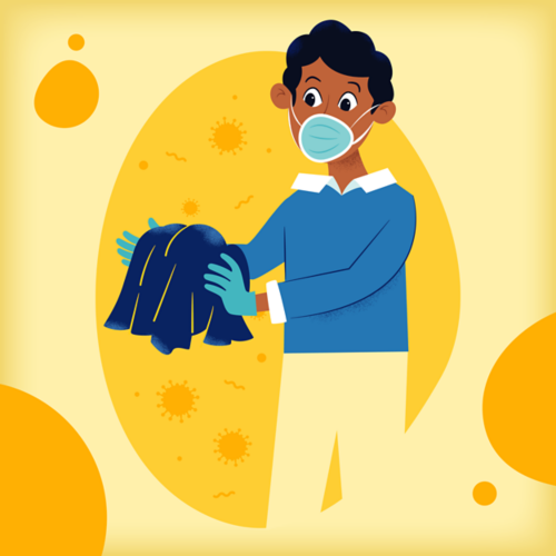 Ilustración de un adulto hombre que usa mascarilla y guantes mientras sostiene prendas