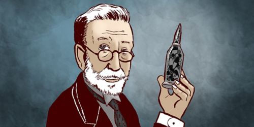 Illustration of Paul Ehrlich holding a “magic bullet” — based on the concept that it was possible to kill specific things in the body that cause disease