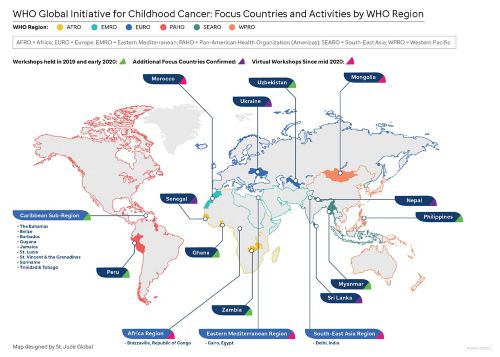 Map of focus countries or WHO Global Initiative for Childhood Cancer