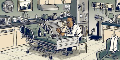 cartoon of researcher having dinner in lab