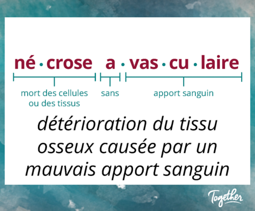 Illustration expliquant l'expression « nécrose avasculaire ». Le préfixe « A » signifie « sans », « vasculaire » signifie « alimentation en sang » et « nécrose » signifie « mort des cellules ou du tissu corporel ». La nécrose avasculaire/ostéonécrose désigne la dégradation du tissu osseux causée par une mauvaise alimentation en sang.