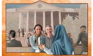 Illustrationn of a diverse group of people outside the National Institutes of Health