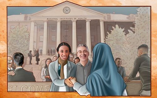 Illustration of a diverse group of people outside of the National Institutes of Health