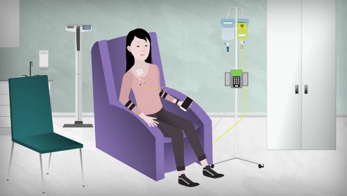 La ilustración de una paciente sentada en una habitación de hospital mientras recibe quimioterapia.