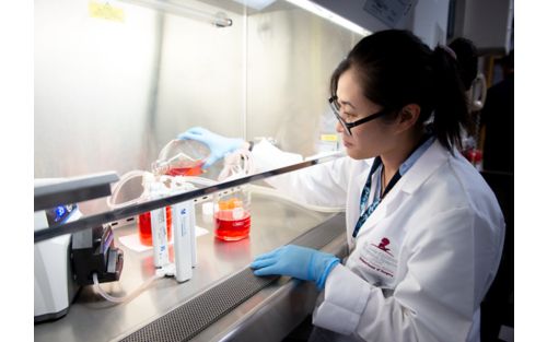 Female researcher in lab pouring liquid