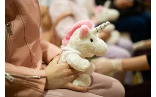 Child holding stuffed unicorn