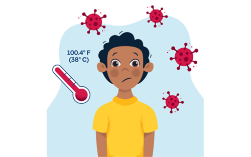 Young patient with a thermometer and coronavirus cells floating around head