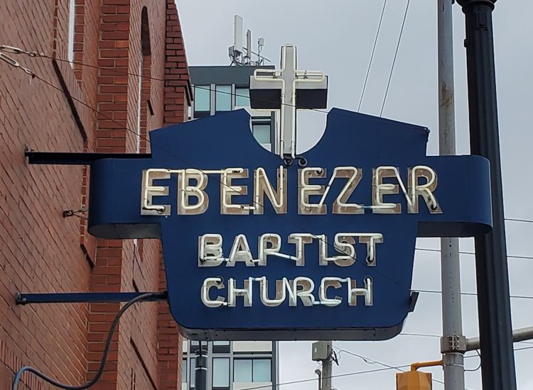 photo of old-timey neon sign for Ebenezer Baptist Church